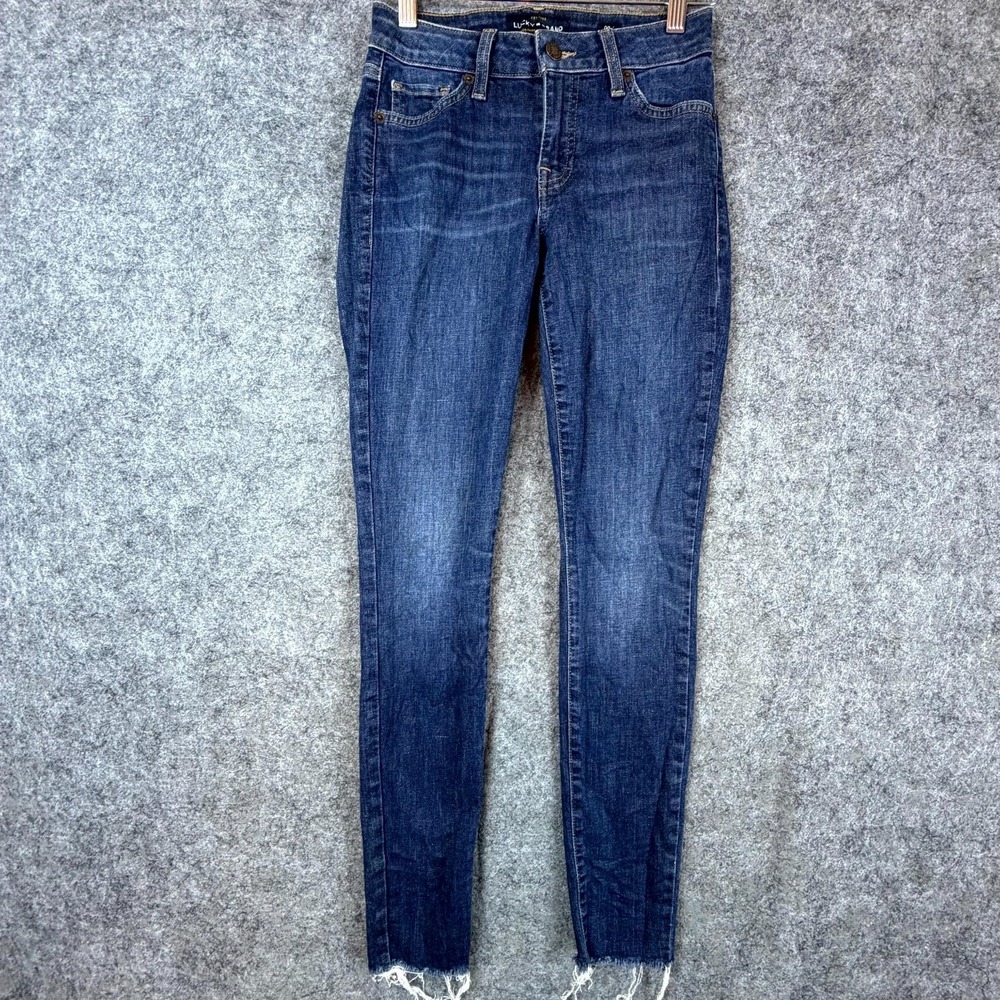 Lucky Brand Lolita Super Skinny Jeans Women 00/24 Blue Denim Frayed Hem Low Rise